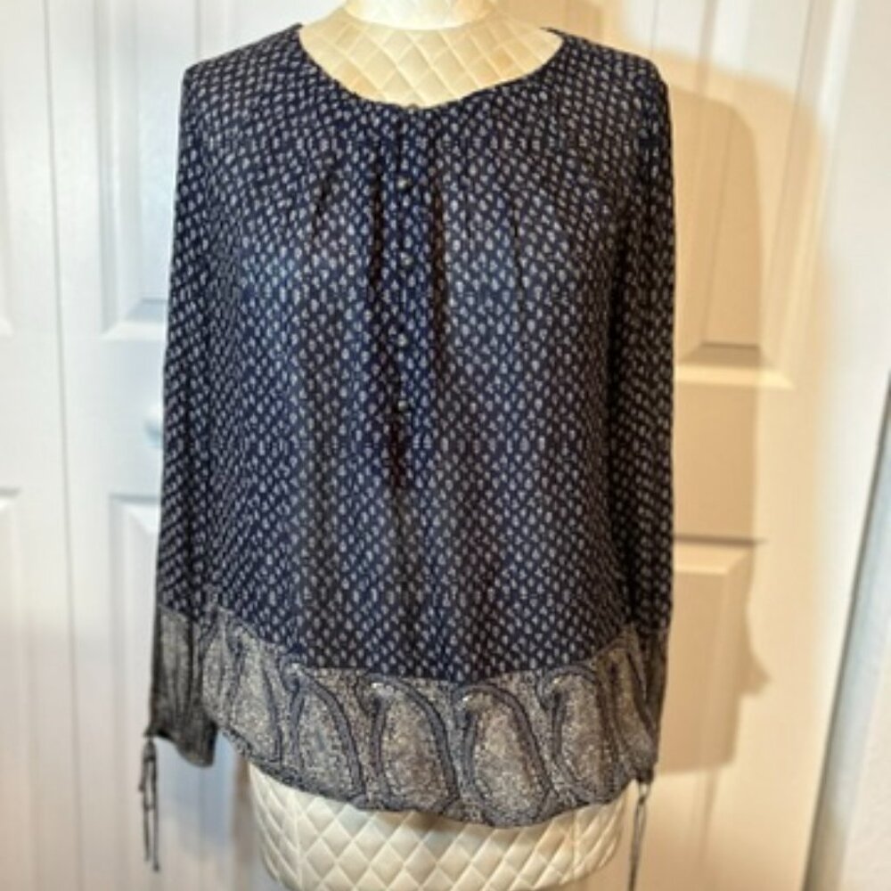 Lucky Brand Women's Blue Paisley Floral Blouse Long Tie Sleeve, Size M *NWT